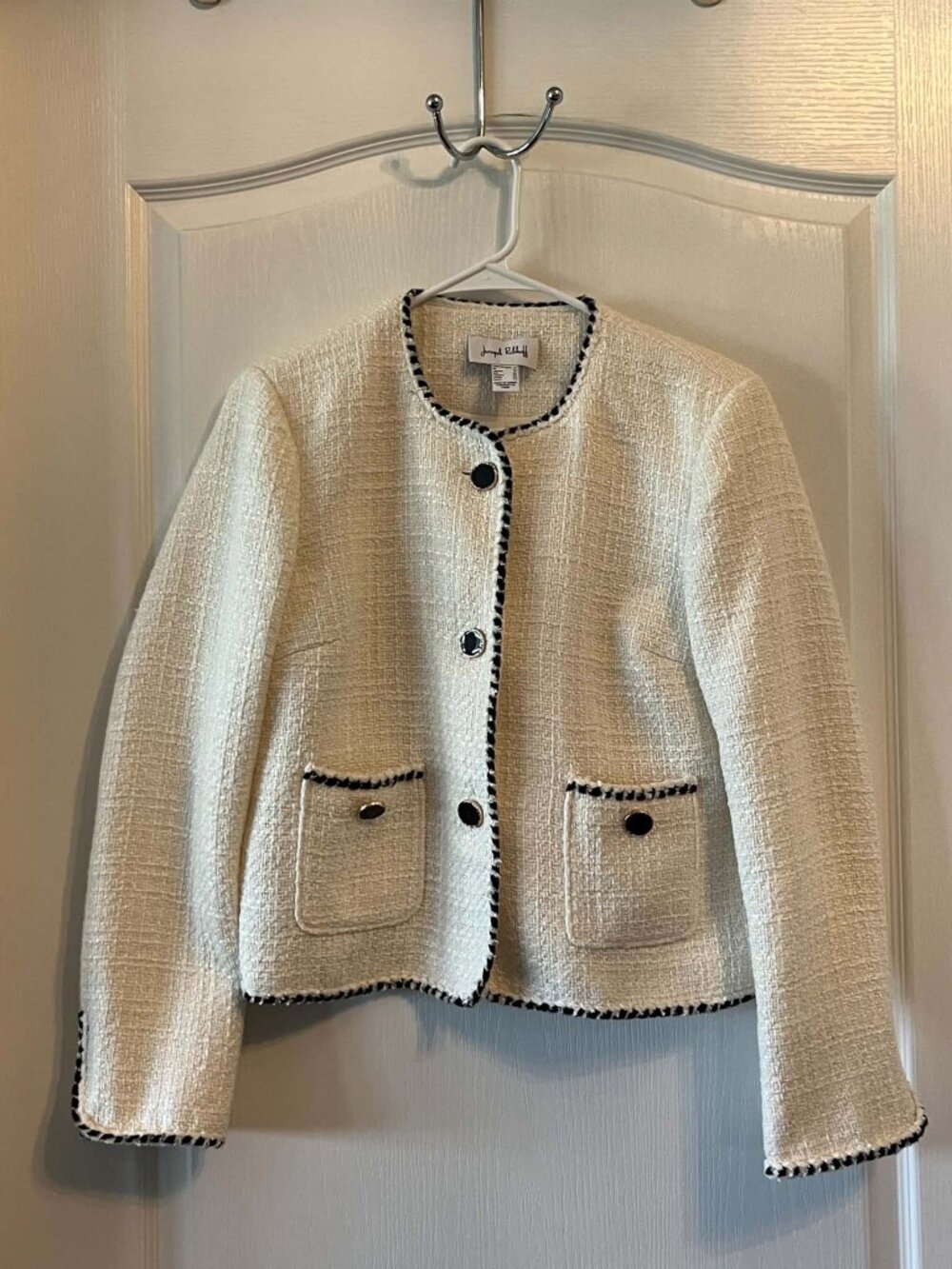 Joseph Ribkoff Cream and Black Trim Tweed Jacket for Women's size 8 Cream